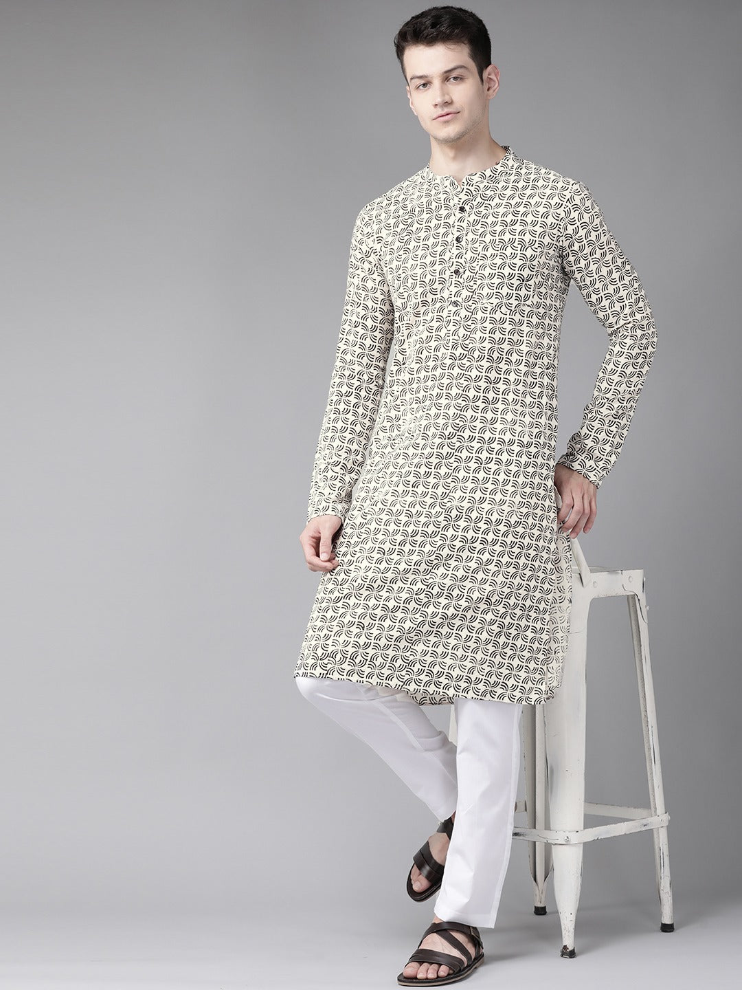 Men's Beige And Black Hand Block Print Sustainable Straight Kurta - See Designs