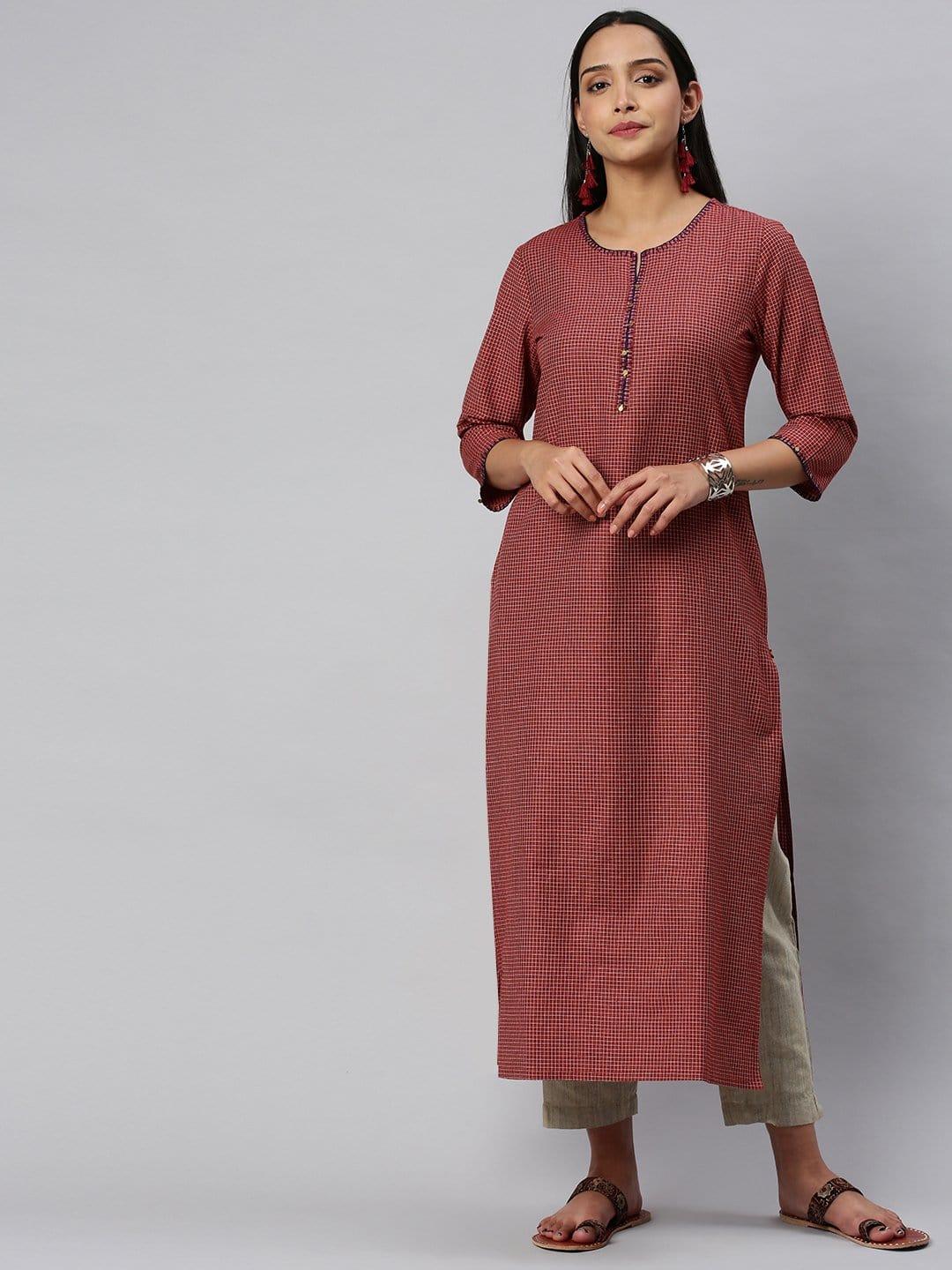 KSUT Rust And Off White Check Woven Straight Kurta With Handwork On Neckline And Sleeves - Indiakreations