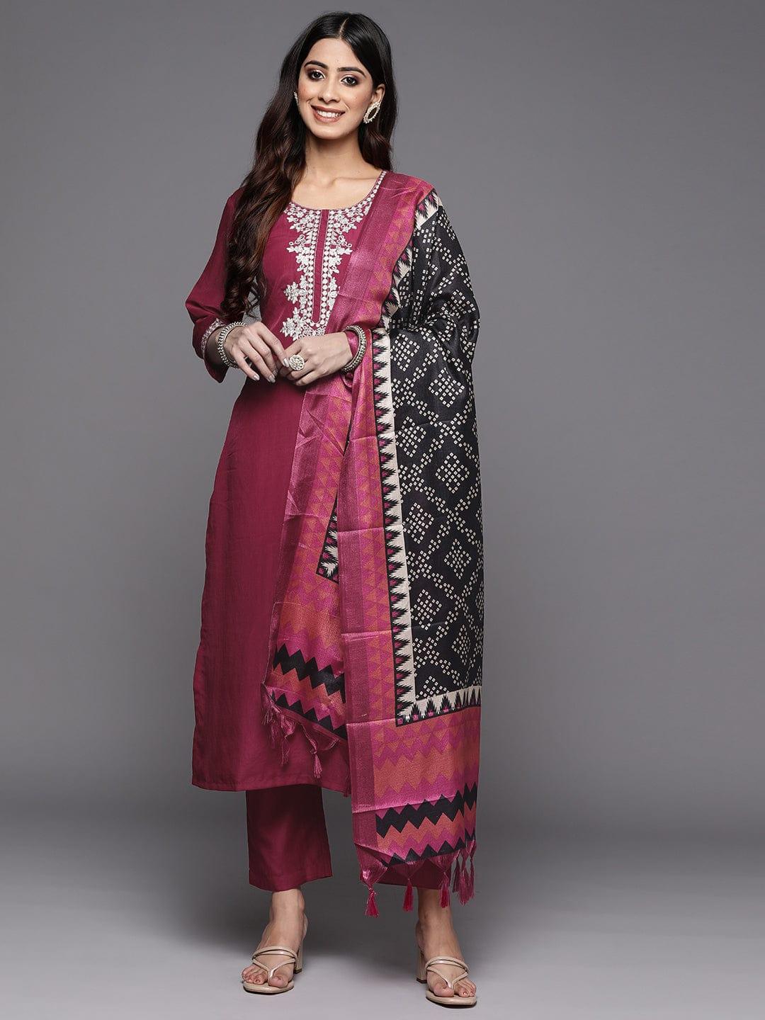 Varanga Women Magenta Yoke Design Kurta with Trousers & With Dupatta - Indiakreations