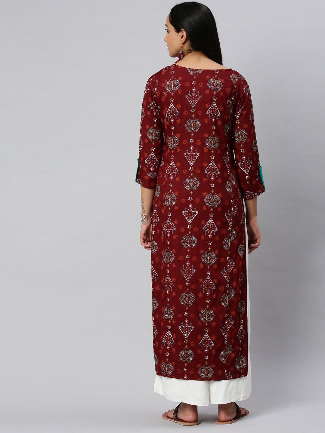 KSUT Maroon Abstract Printed Straight Kurta With 3/4Th Sleeves - Indiakreations