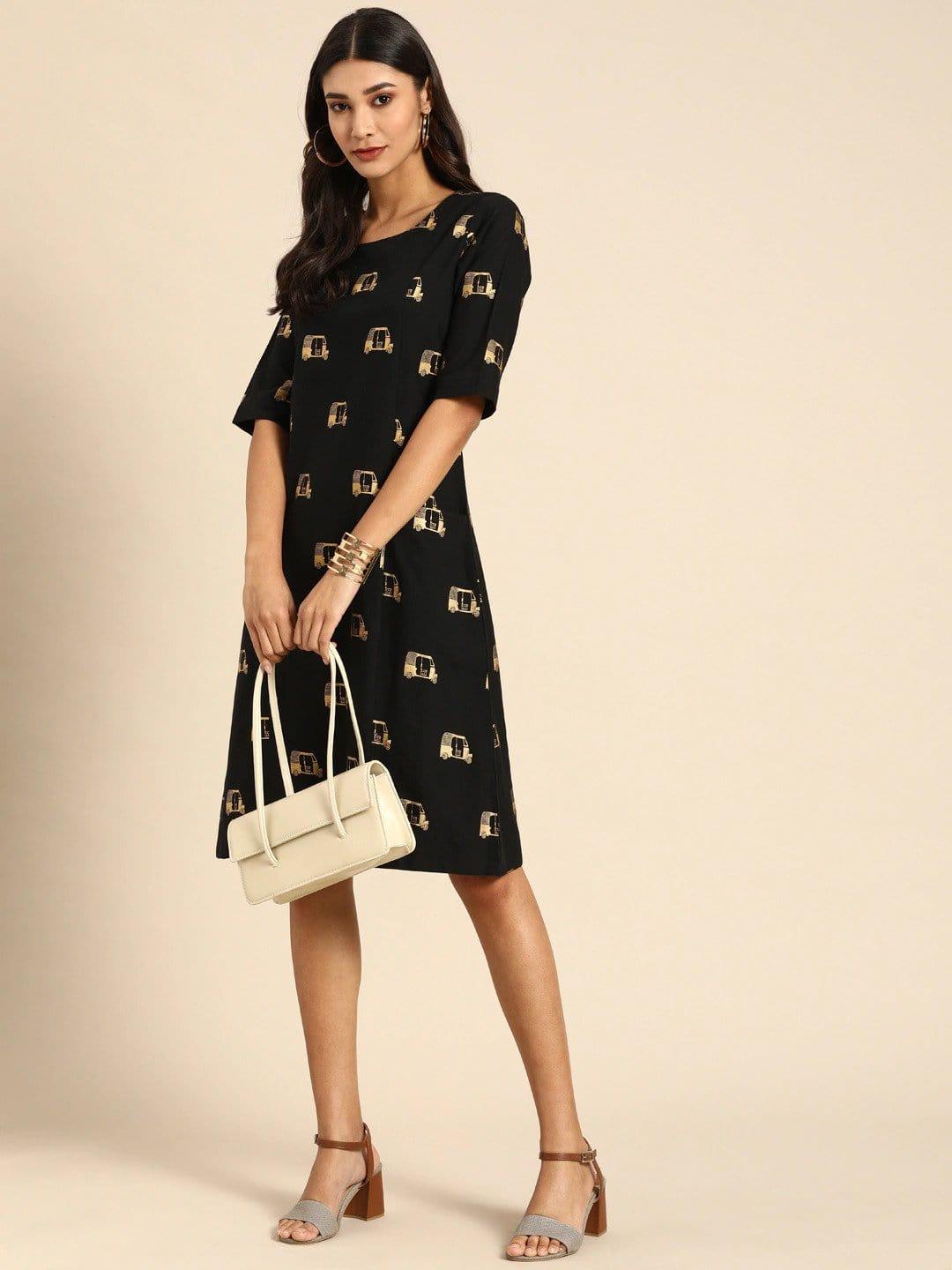 Black & Beige Printed A-Line Panelled Dress with Pockets - Indiakreations