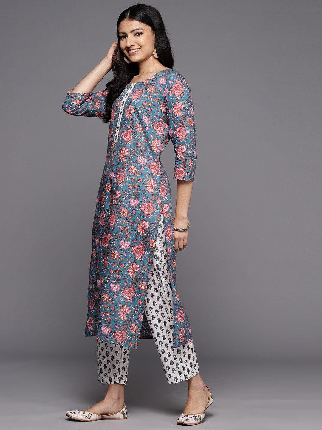 Varanga Floral Printed Gotta Patti Pure Cotton Kurta With Trousers - Indiakreations