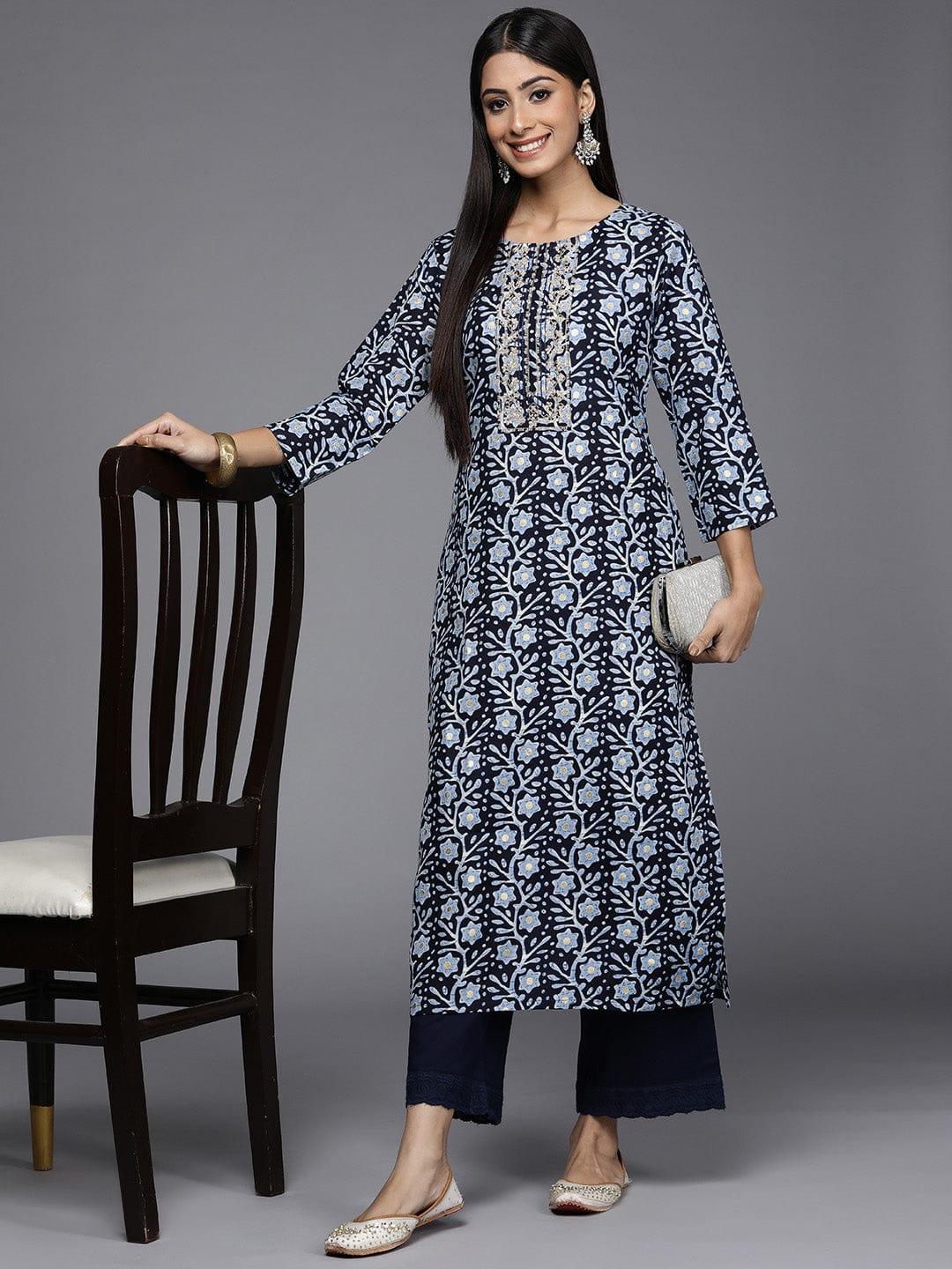 Varanga Women Navy Blue & Blue Floral Printed Zardozi Indigo Kurta - Indiakreations