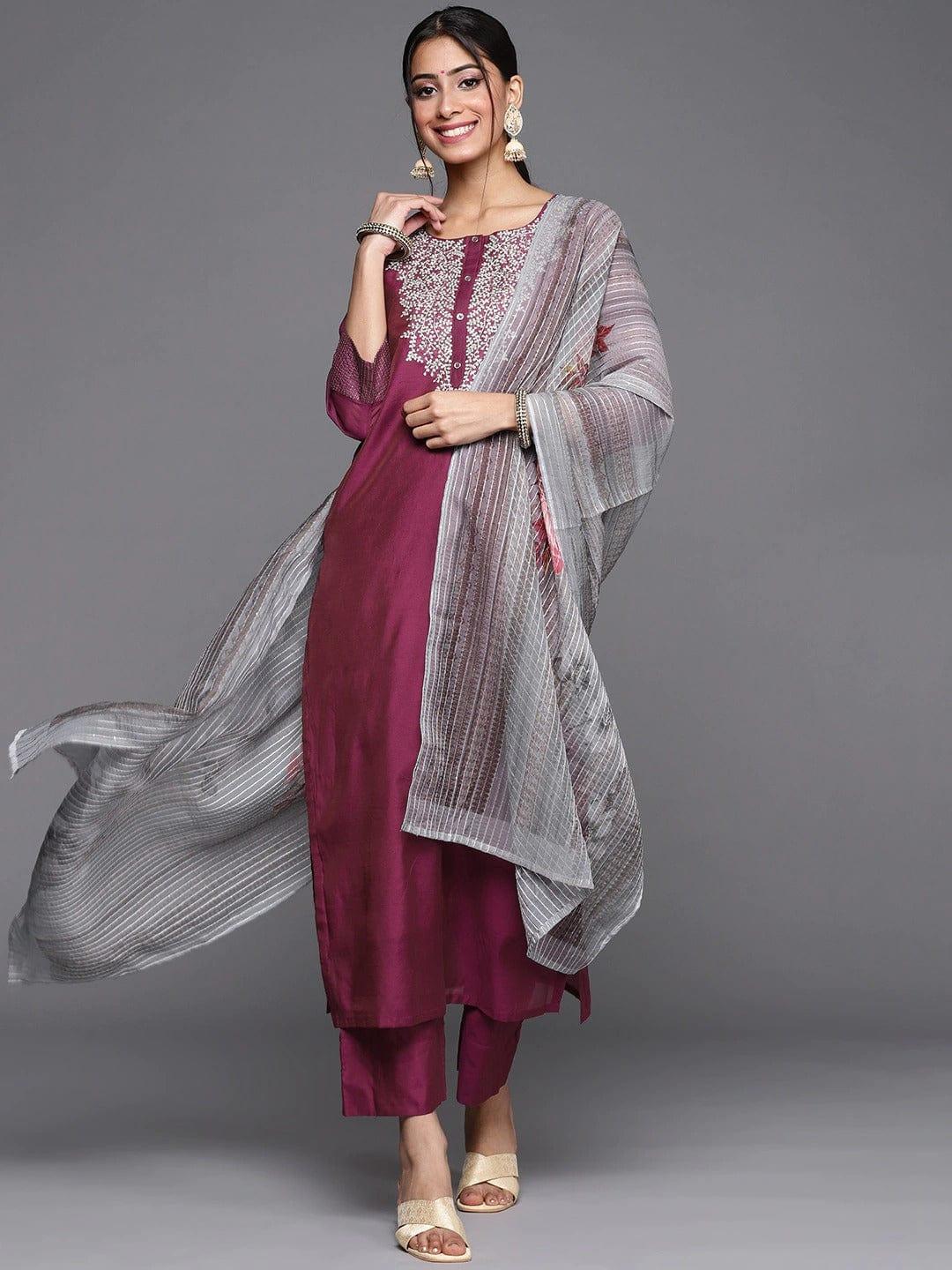 Varanga Women Burgundy & Silver Yoke Design Straight Kurta Trousers & Dupatta - Indiakreations