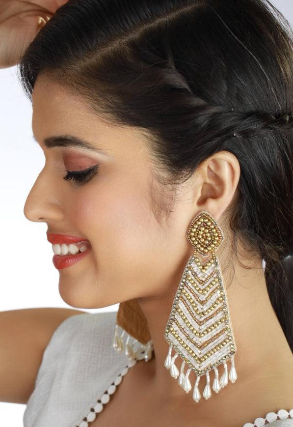 Women's Gold-Plated White & Gold Handcrafted Contemporary Drop Earrings - Jazz And Sizzle - Indiakreations