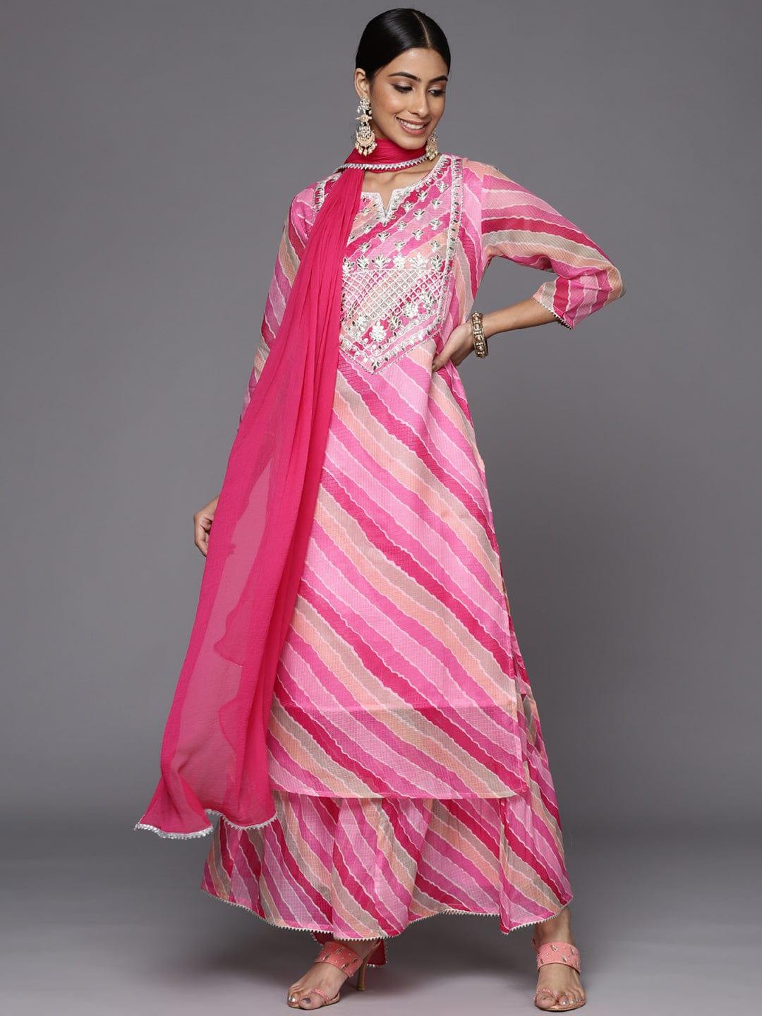 Varanga Women Pink Leheriya Printed Gotta Patti Chanderi Cotton Kurta with Sharara & With Dupatta - Indiakreations