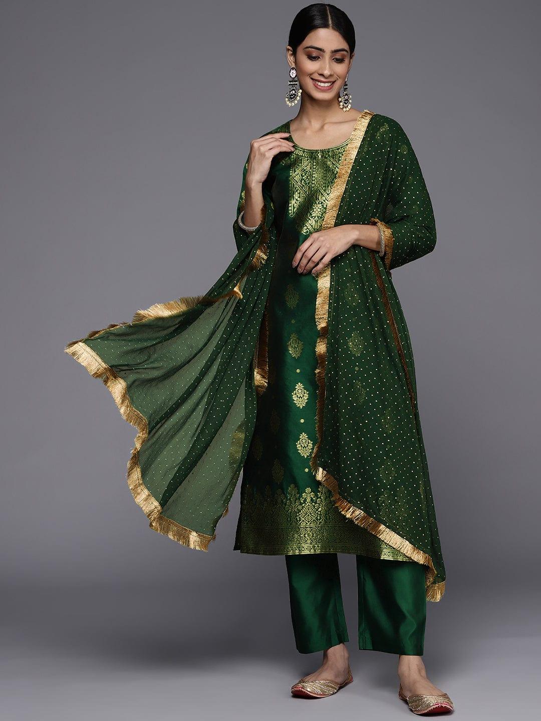 Varanga Women Green Ethnic Motifs Yoke Design Kurta with Trousers & With Dupatta - Indiakreations