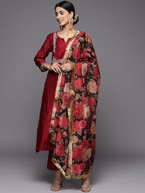 Varanga Women Maroon Ethnic Motifs Embroidered Kurta with Trousers & With Dupatta - Indiakreations