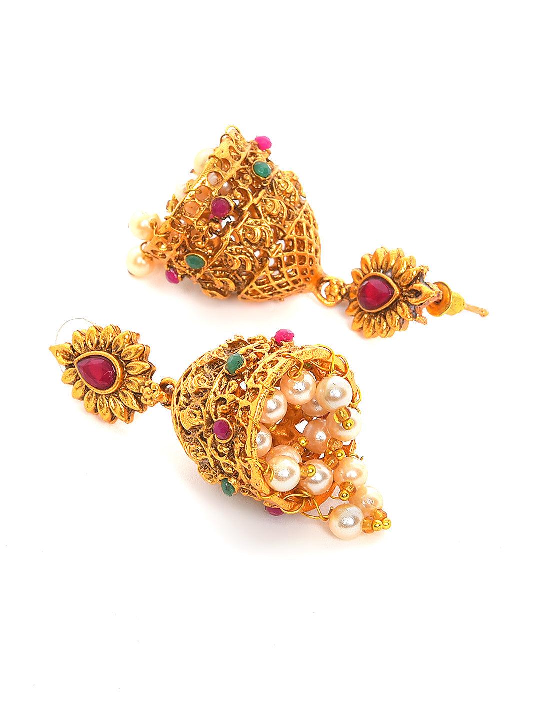 Women's Gold-Toned Pink & Green Stone-Studded, Beaded Handcrafted Jewellery Set - Jazz And Sizzle - Indiakreations