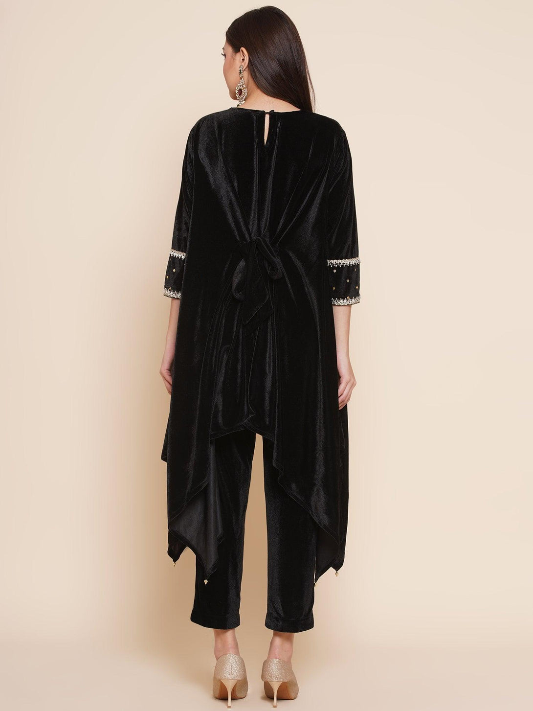 Women's Black Velvet Kaftaan Style Kurta With Pants - Women Republic - Indiakreations