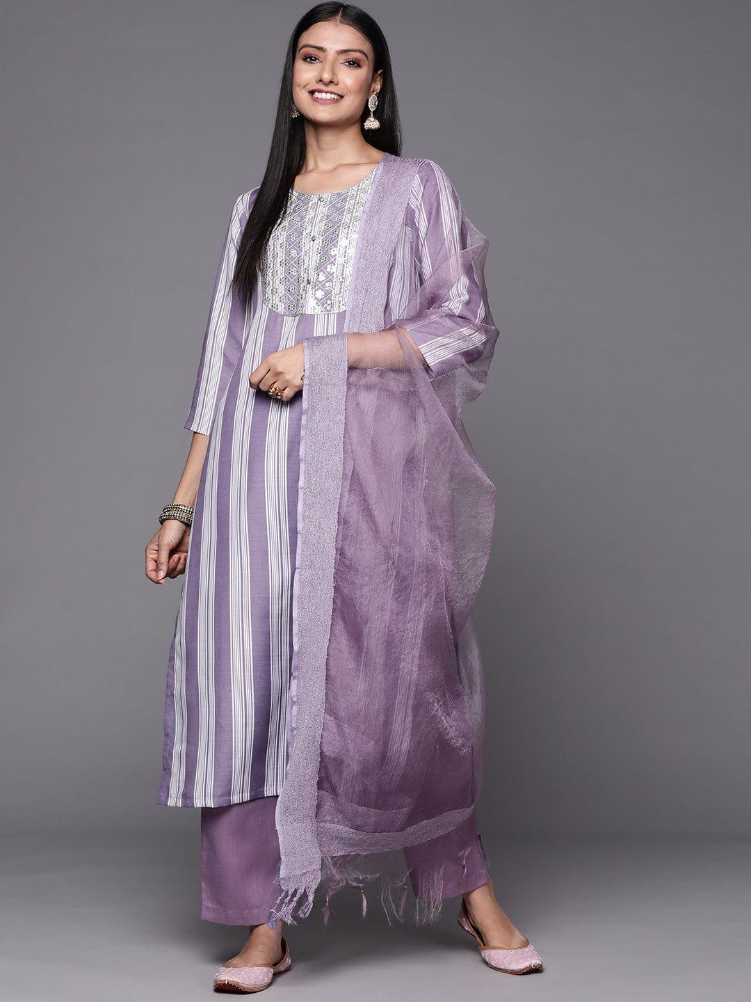 Varanga Women Lavender & White Embroidered Kurta with Trousers & Dupatta - Indiakreations