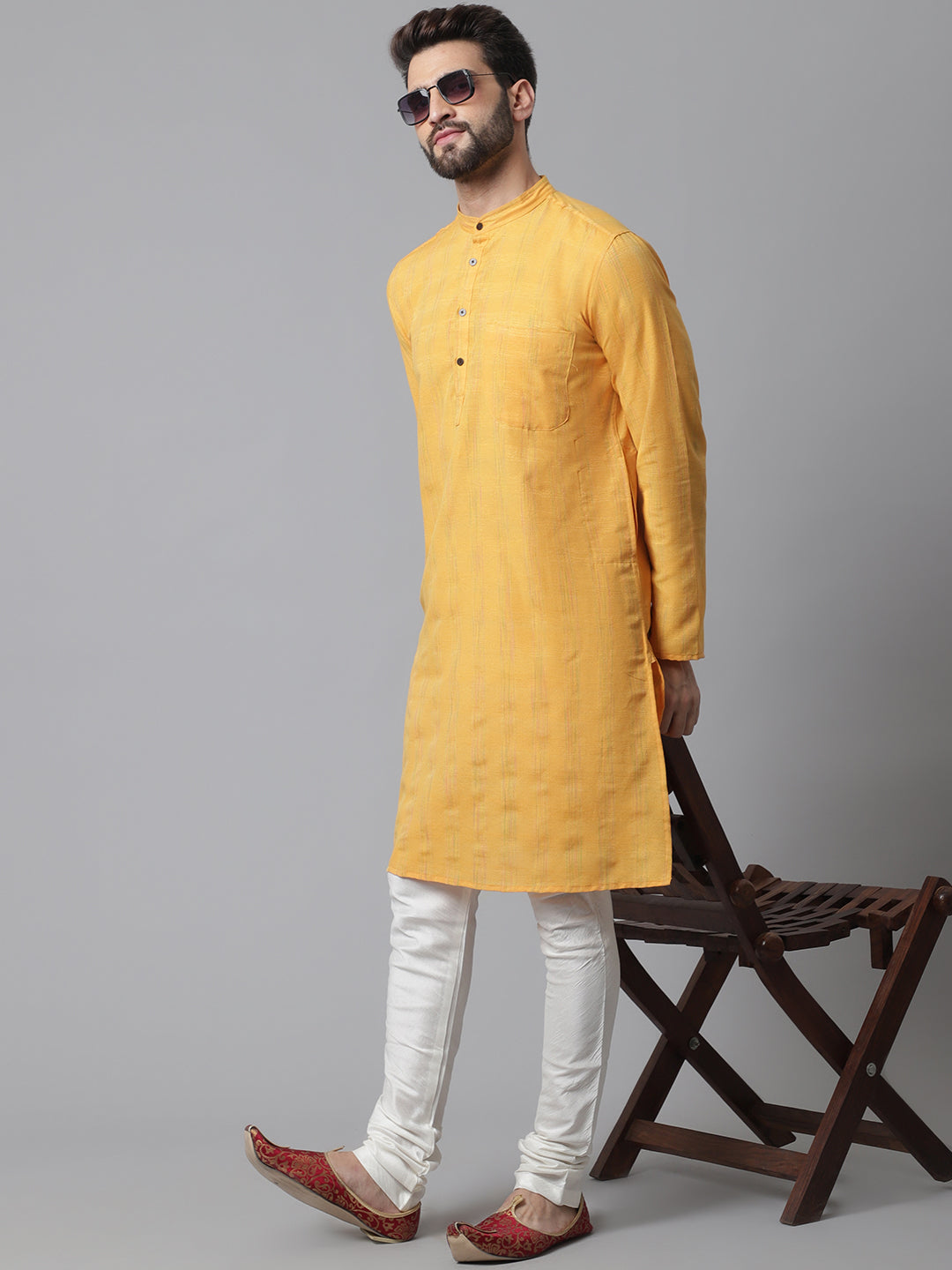 Men's Yellow  Kurta With Band Collar - Even Apparels