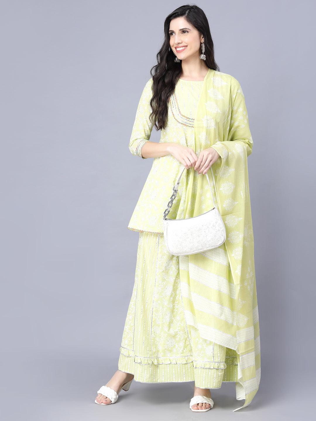 Women's Cotton Printed 3/4 Sleeve Round Green Women Sharara Set - Myshka - Indiakreations