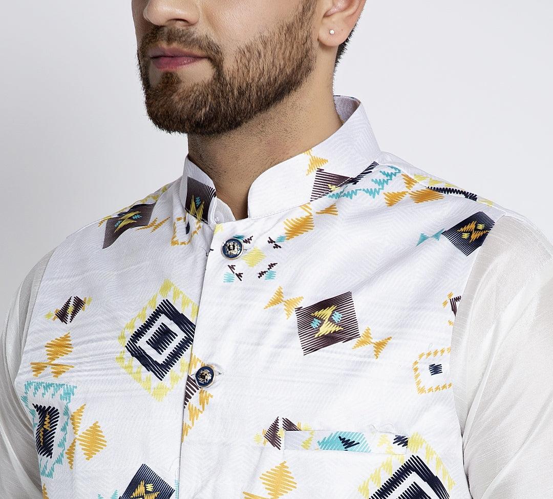 Men's White & Multi Printed Nehru Jacket - Benstoke - Indiakreations