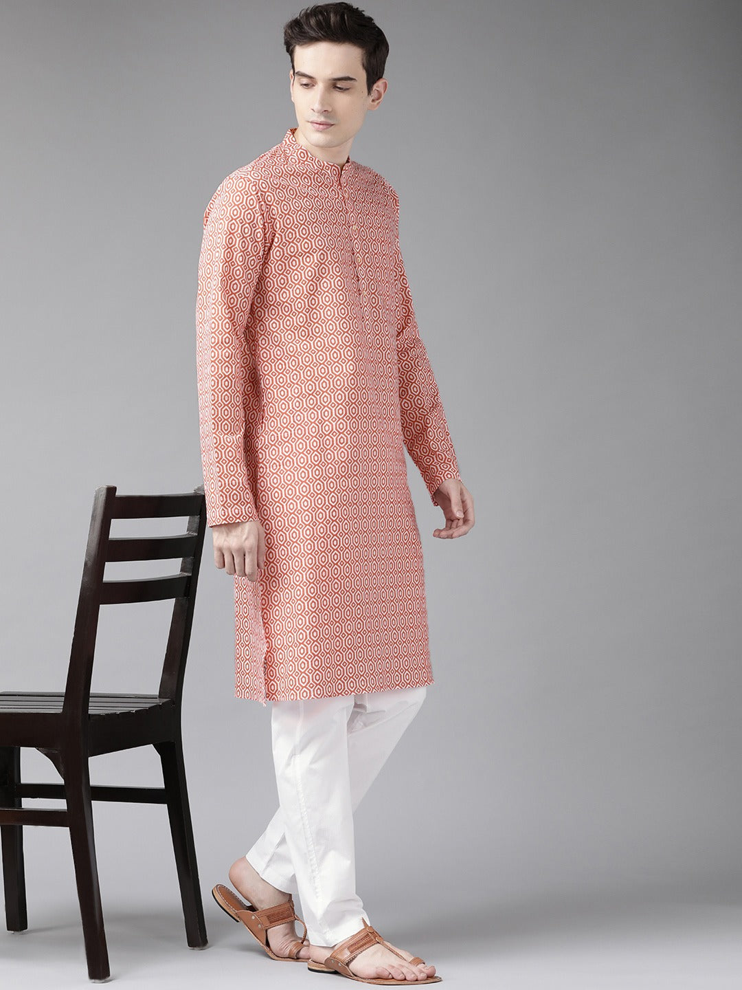 Men's Peach & White Printed Straight Kurta - See Designs