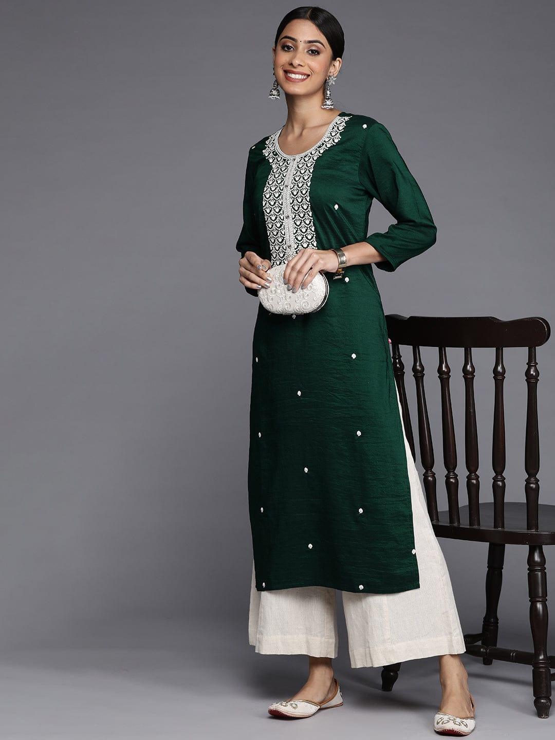 Varanga Women Green & White Ethnic Motifs Yoke Design Thread Work Raw Silk Kurta - Indiakreations