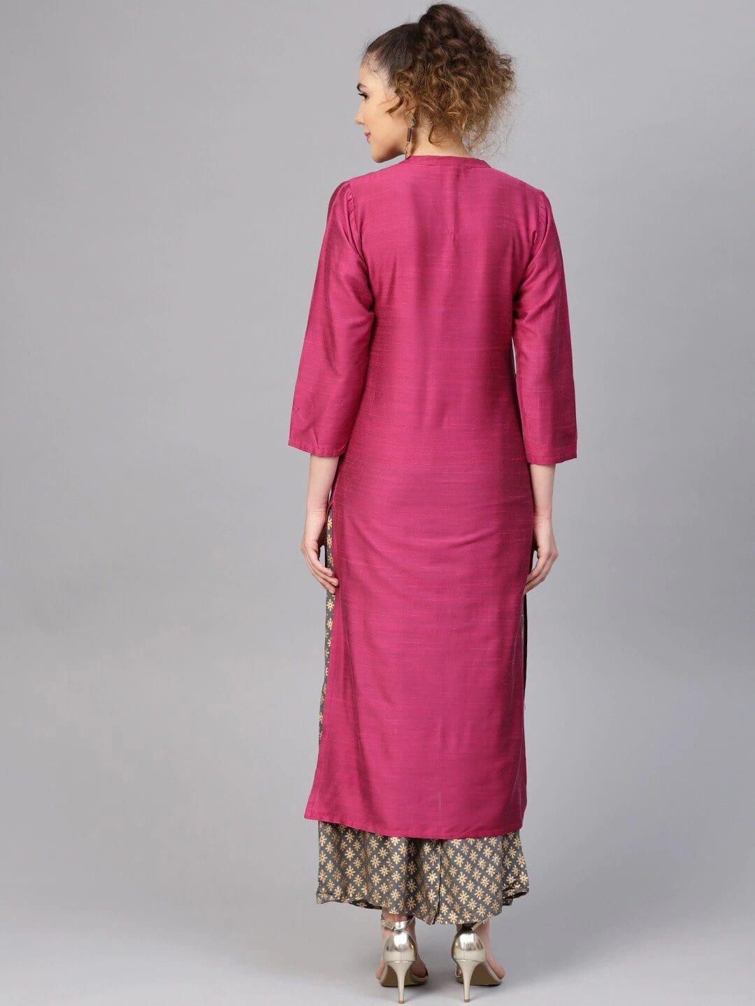 Magenta & Grey Panelled A-Line Handloom Kurta with Palazzos - Indiakreations