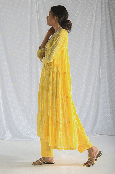 Chhaya Yellow Dot Printed Anarkali with Pant - Set 2 - Indiakreations