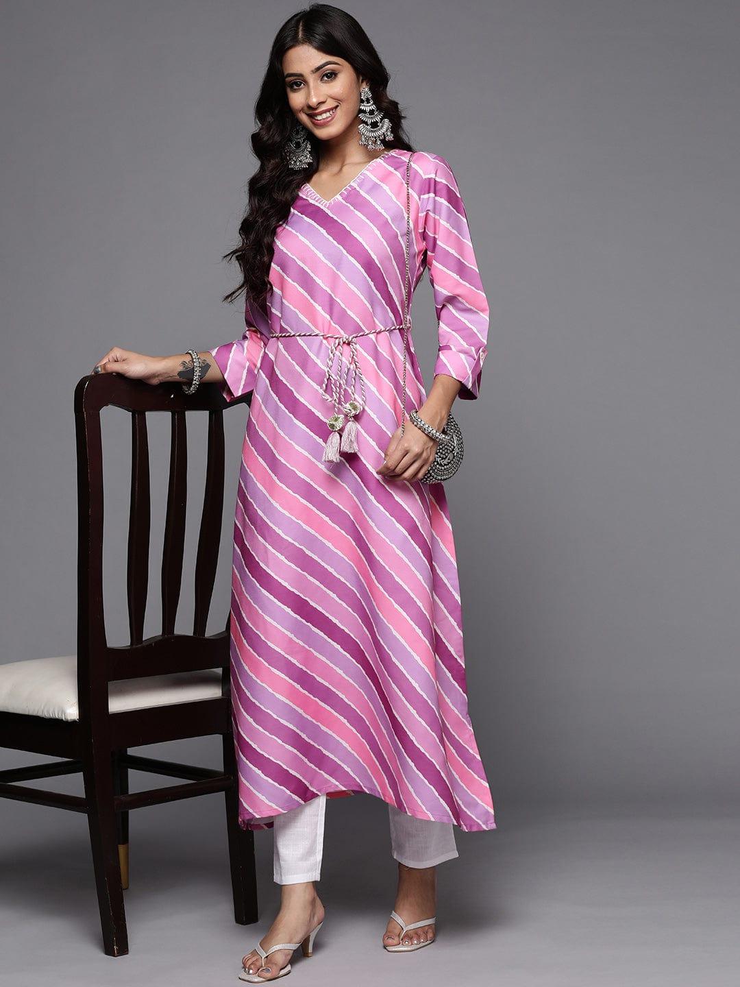 Varanga Women Pink & Purple Striped Thread Work Kurta - Indiakreations