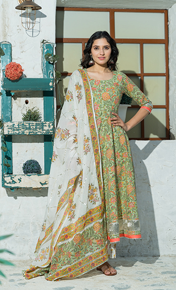 Women's A kiwi green floral hand block print kurta dupatta set