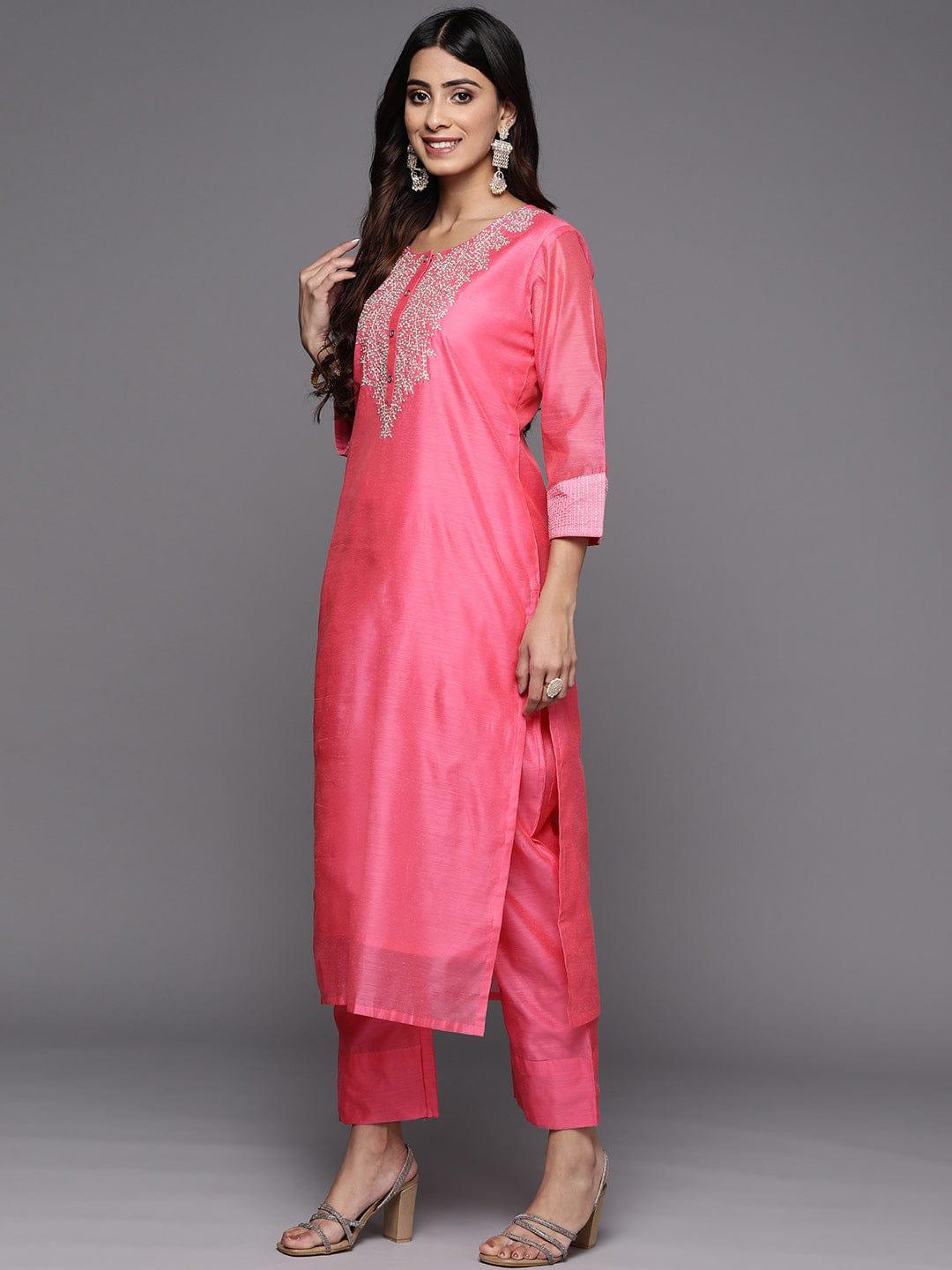 Varanga Women Pink Yoke Design Sequinned Chanderi Silk Kurta with Palazzos & With Dupatta - Indiakreations