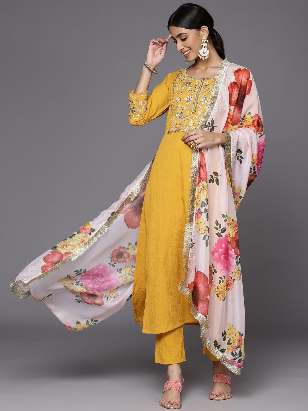 Varanga Women Mustard Yellow Floral Embroidered Zardozi Kurta with Trousers & With Dupatta - Indiakreations