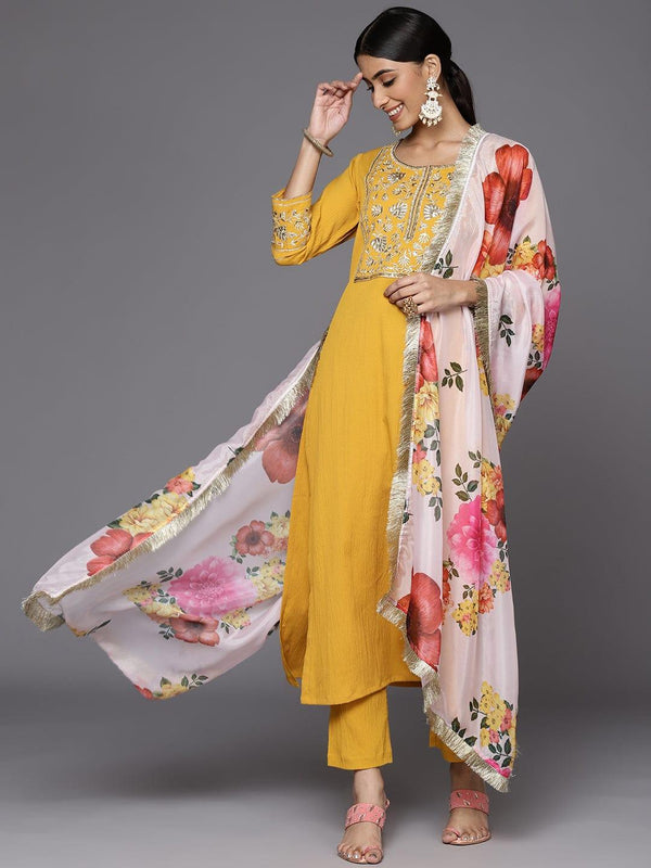 Varanga Women Mustard Yellow Floral Embroidered Zardozi Kurta with Trousers & With Dupatta - Indiakreations