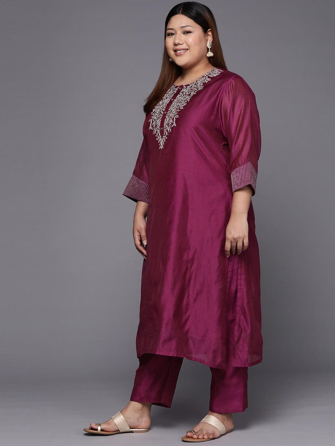 Varanga Women Plus Size Magenta Yoke Design Sequinned Chanderi Silk Kurta with Trousers & Dupatta - Indiakreations