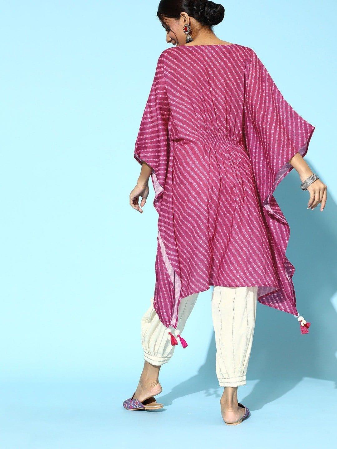 Pink Leheriya Printed Thread Embroidery And Shells Embellished Kaftan With Gota Work Balloon Trouser - Indiakreations