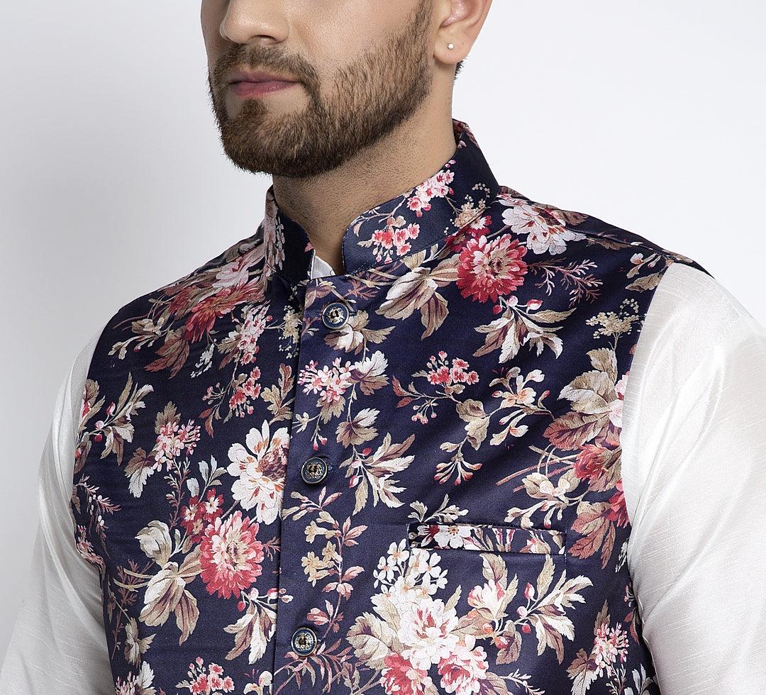 Men's Navy Blue & Multi Printed Nehru Jacket - Benstoke - Indiakreations