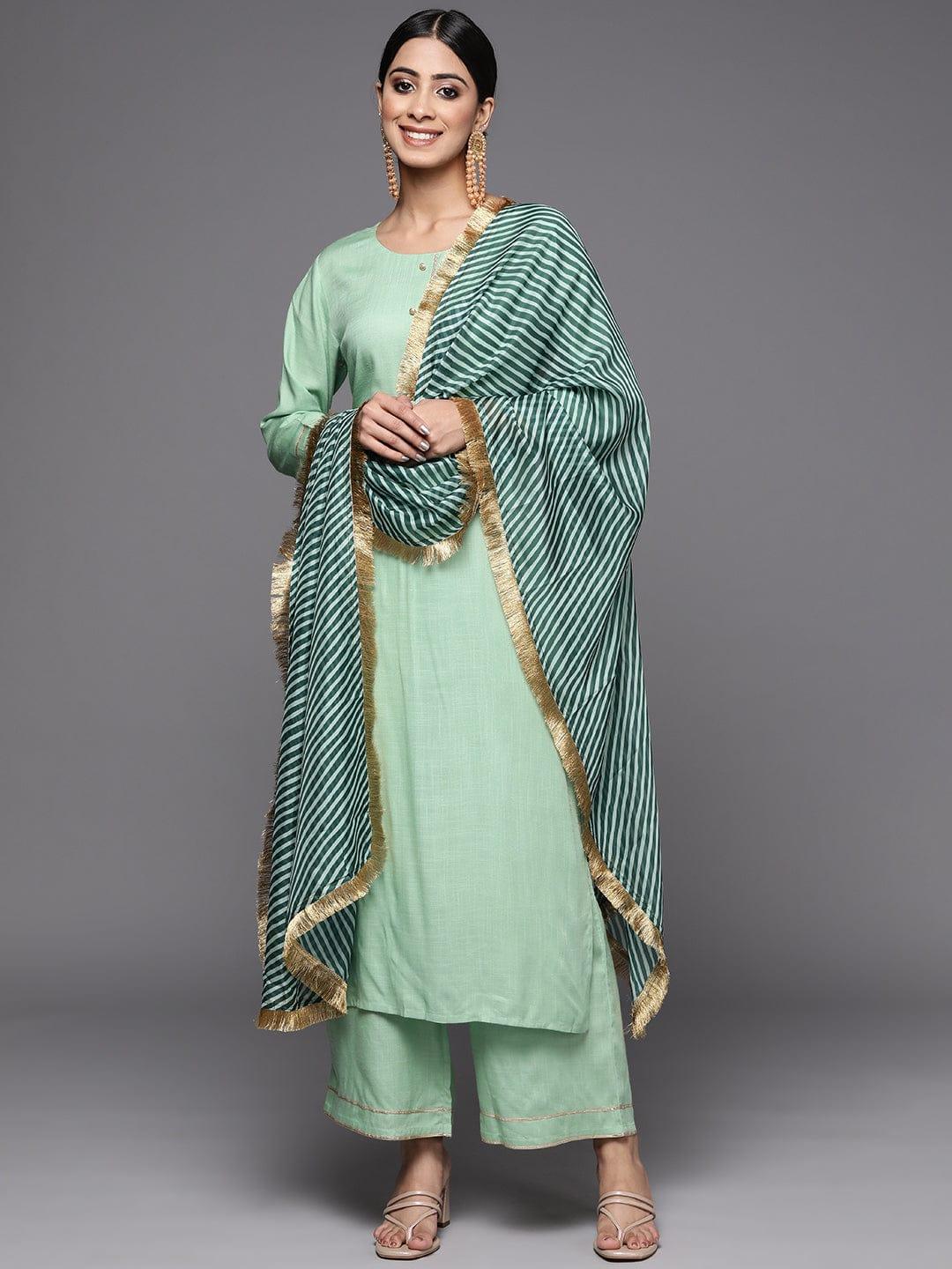 Varanga Women Green Solid Gotta Patti Detail Empire Kurta with Palazzos & With Dupatta - Indiakreations