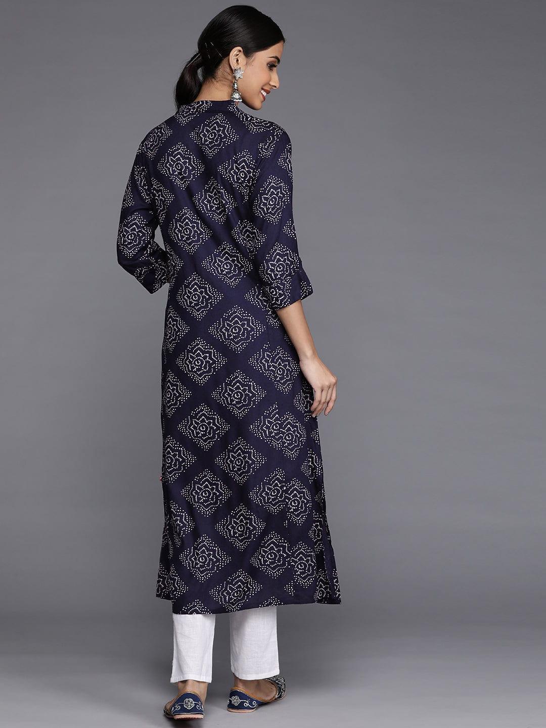 Varanga Women Navy Blue & White Ethnic Motifs Printed Indigo Kurta - Indiakreations