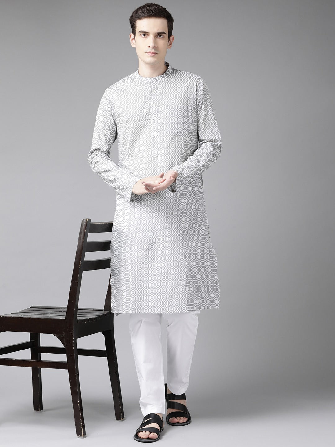 Men's White & Grey Printed Straight Kurta - See Designs