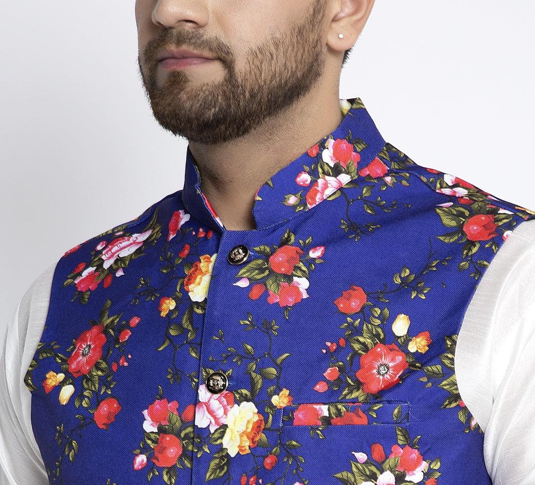 Men's Blue & Multi Printed Nehru Jacket - Benstoke - Indiakreations