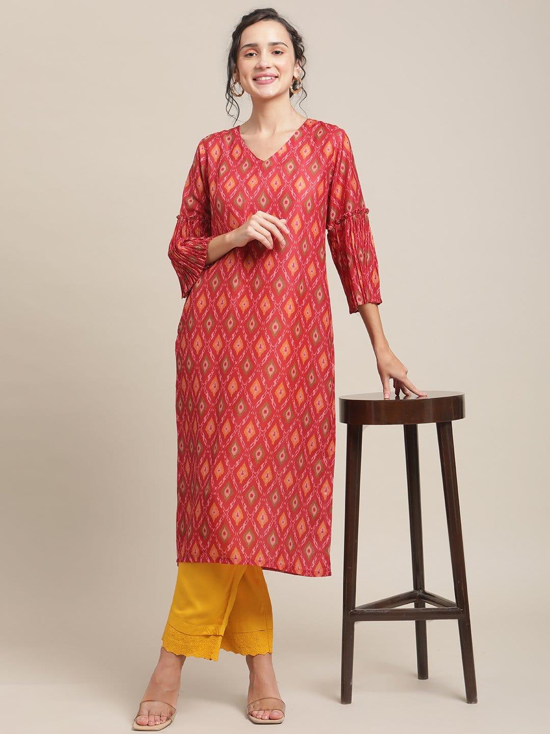 Red Ikat Printed Round Neck Kurta With 3/4Th Pleated Sleeve - Indiakreations