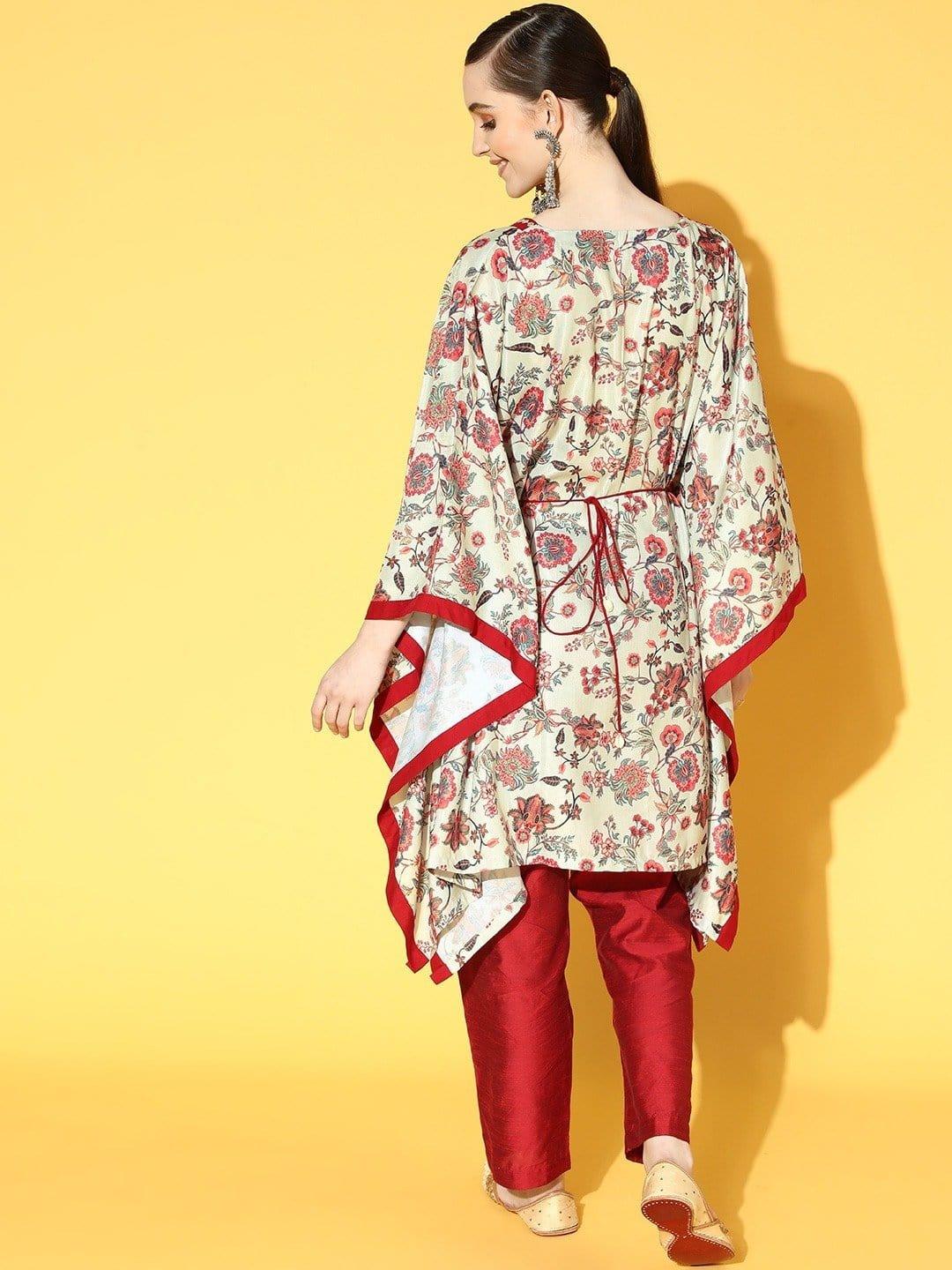 Off White And Red Floral Printed Kaftan With Silk Trouser And Mirror Work Embellished Belt - Indiakreations