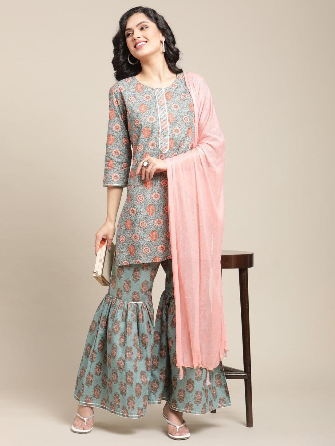 Floral Printed Kurta With Gota Highlighted Placket And Paired With Sharara And Solid Dupatta - Indiakreations