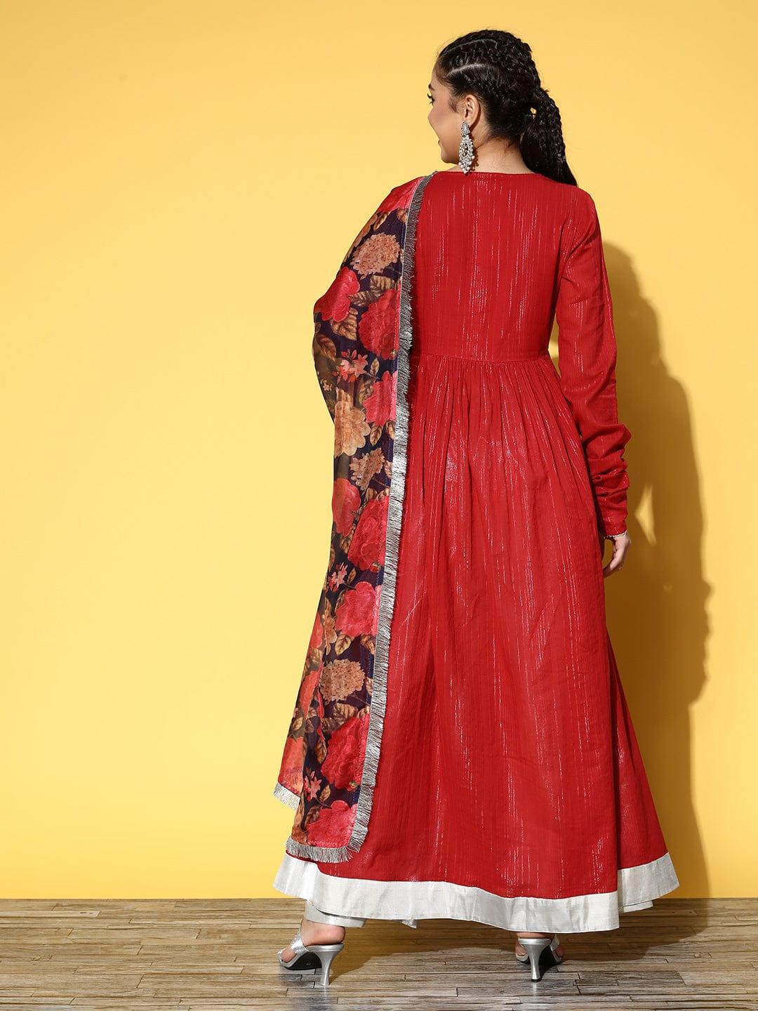 Varanga Women Red & Silver-Toned Embroidered Quirky Kurta - Indiakreations