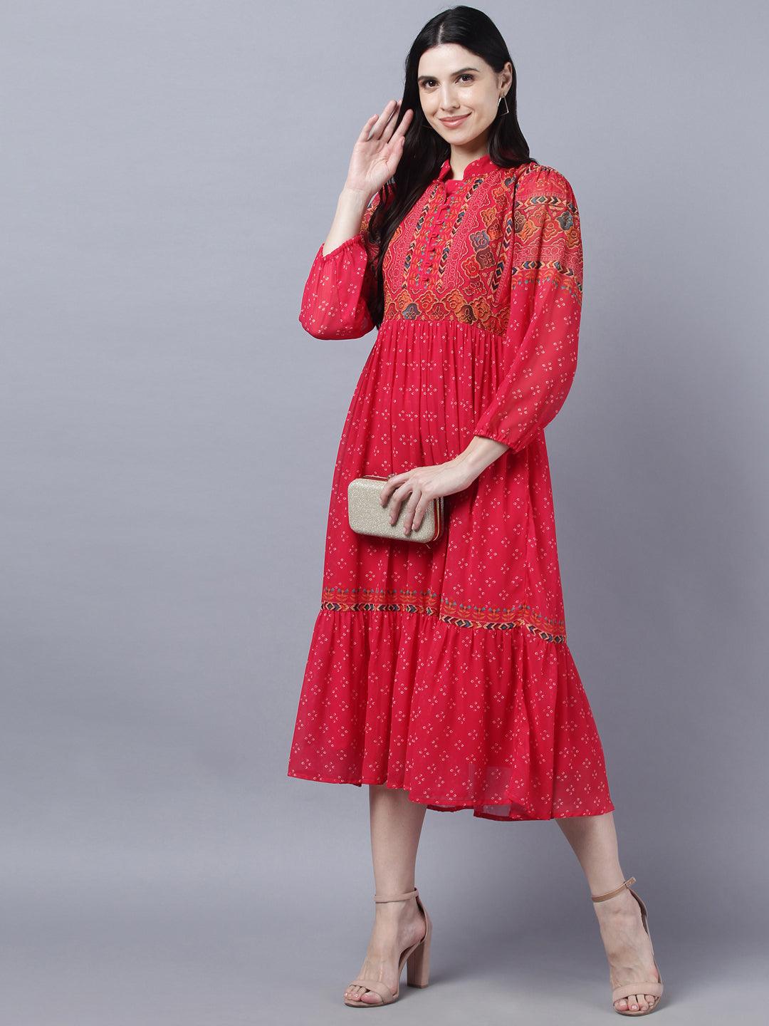 Women's Stylish Red 3/4 Sleeve Dress - Myshka - Indiakreations