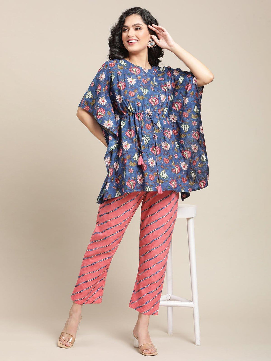 Blue And Peach Floral Printed Kaftan And Trouser Set - Indiakreations