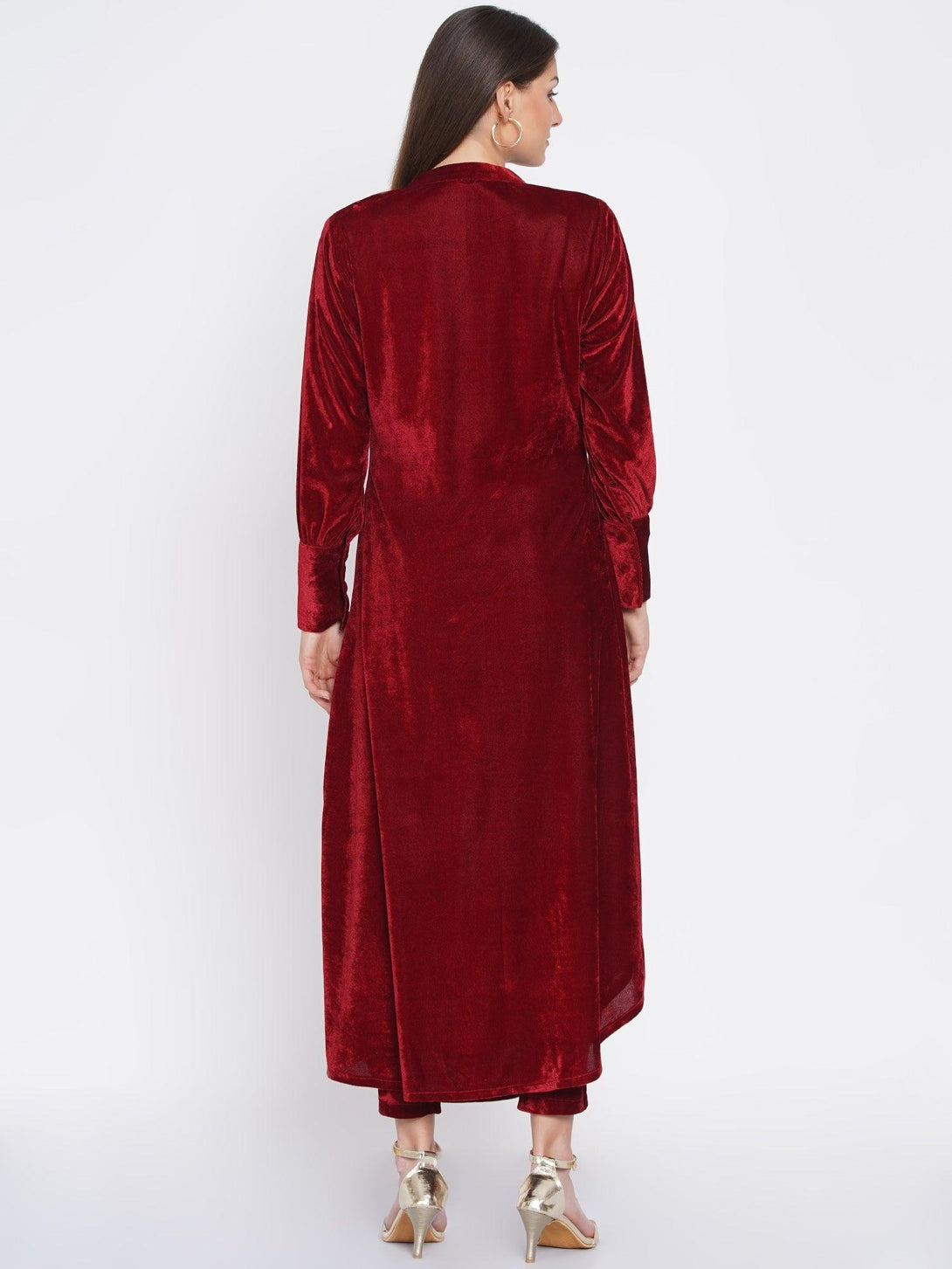 Women's Maroon Velvet Cowl style kurta with pants - Women Republic - Indiakreations