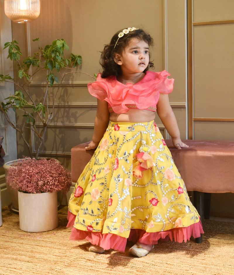 Girl's Pink Organza Frill Top And Yellow Embroidery Lehenga - Fayon Kids - Indiakreations