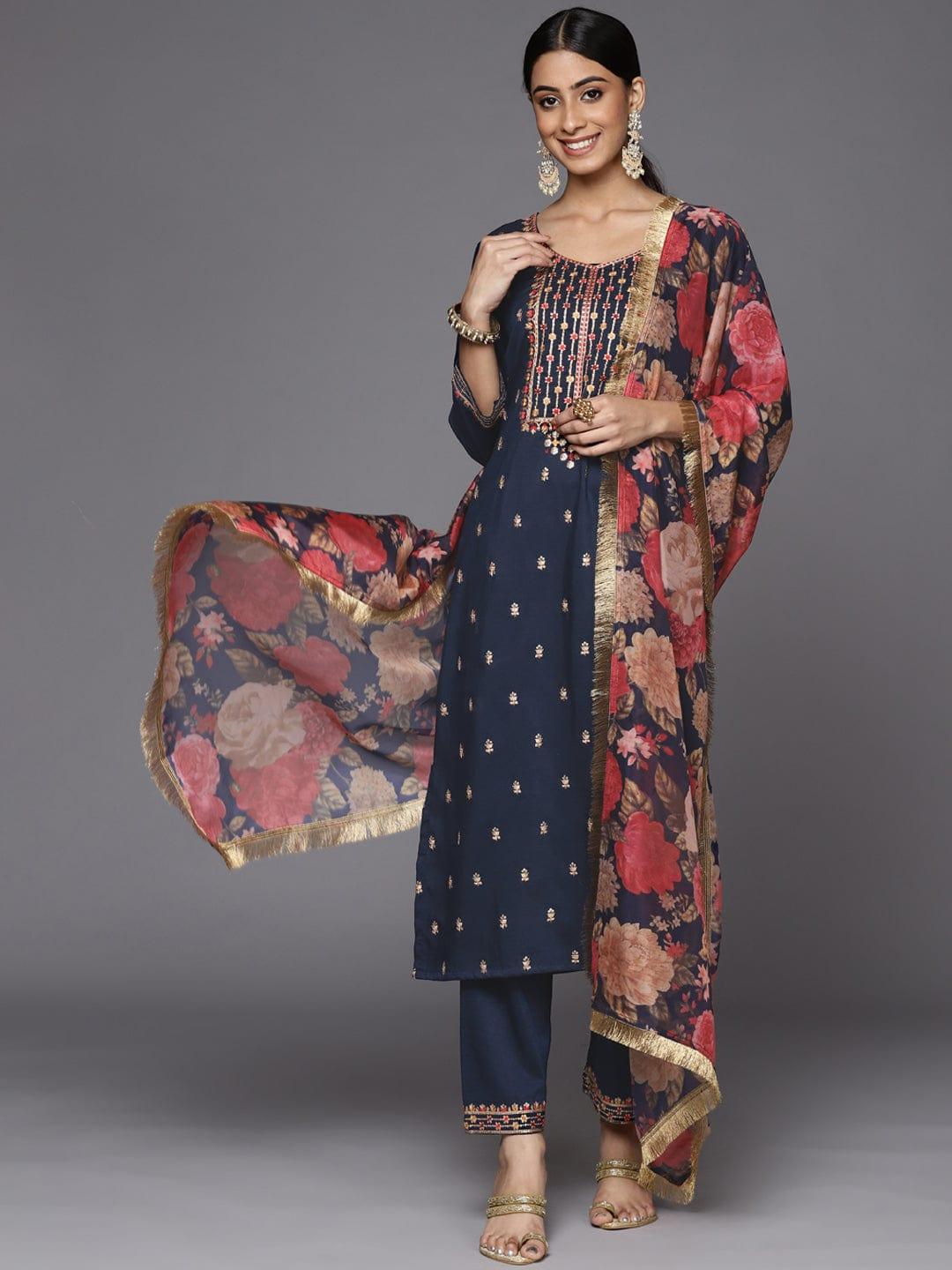 Varanga Women Blue Embroidered Kurta with Trousers & With Dupatta - Indiakreations