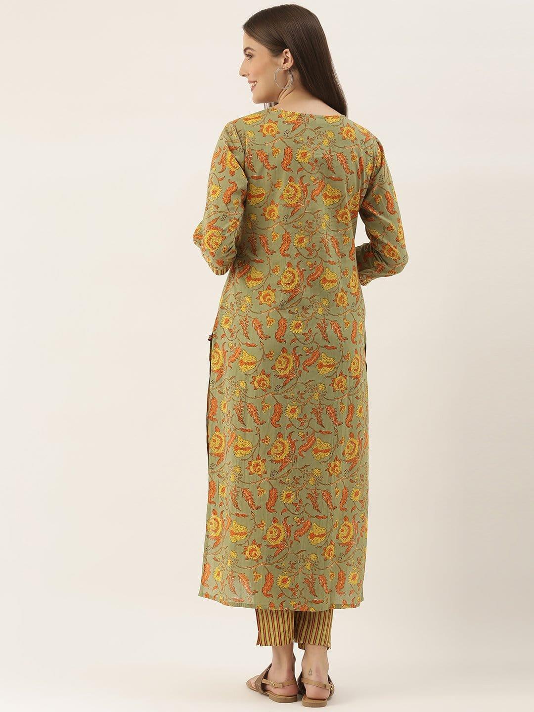 KSUT KSUT Olive And Yellow Floral Printed Kurta Trouser Set. - Indiakreations