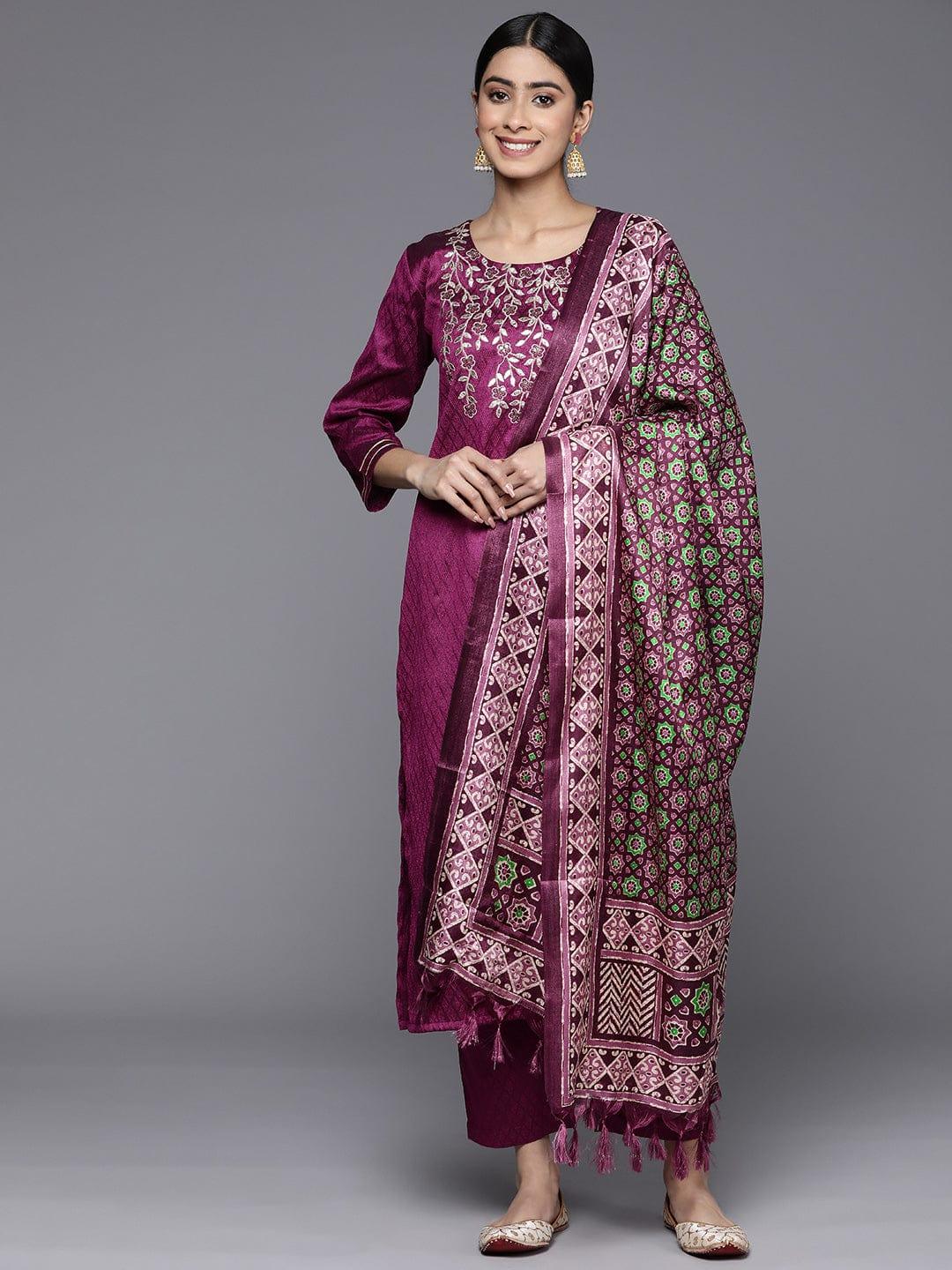 Varanga Floral Embroidered Sequinned Kurta With Trousers & Dupatta - Indiakreations