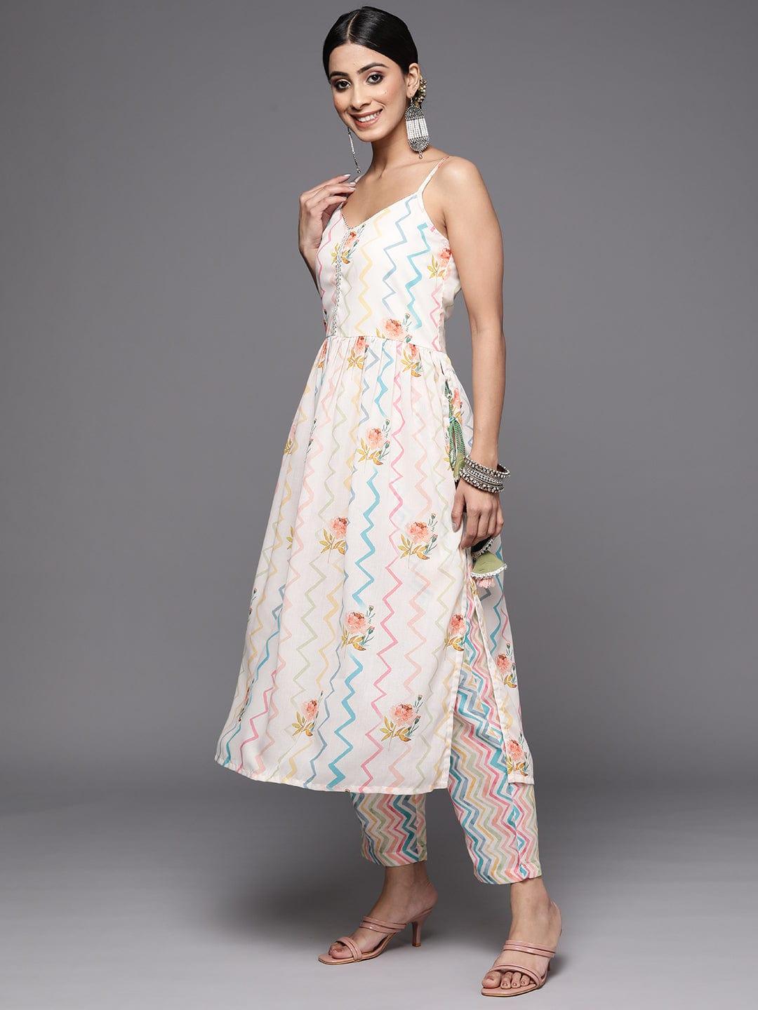 Varanga Women Off White Floral Printed Pleated Gotta Patti Kurta with Trousers & With Dupatta - Indiakreations