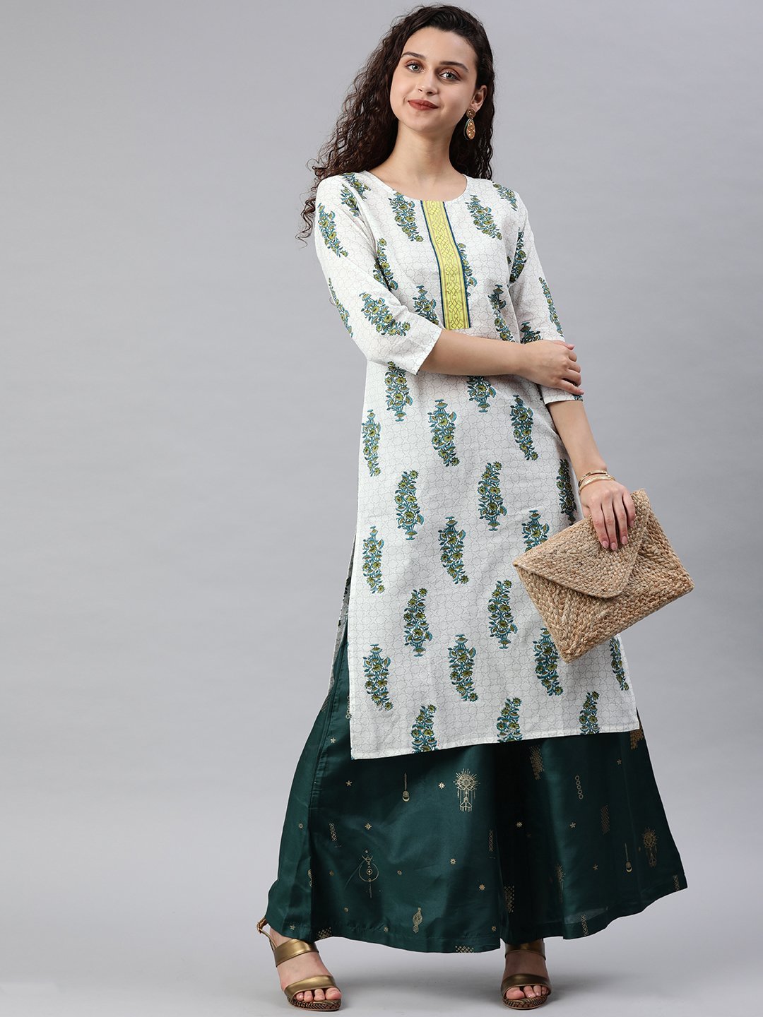 Women's Off-White & Green Printed Straight Kurta - Anubhutee