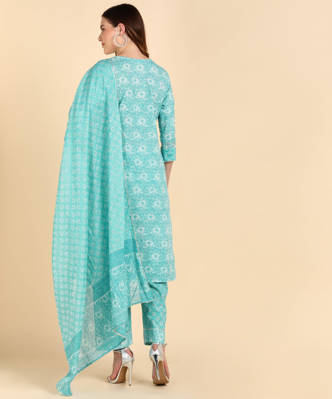 Women's Cotton Turqoise Printed Kurta Pant With Dupatta - Noz2Toz - Indiakreations