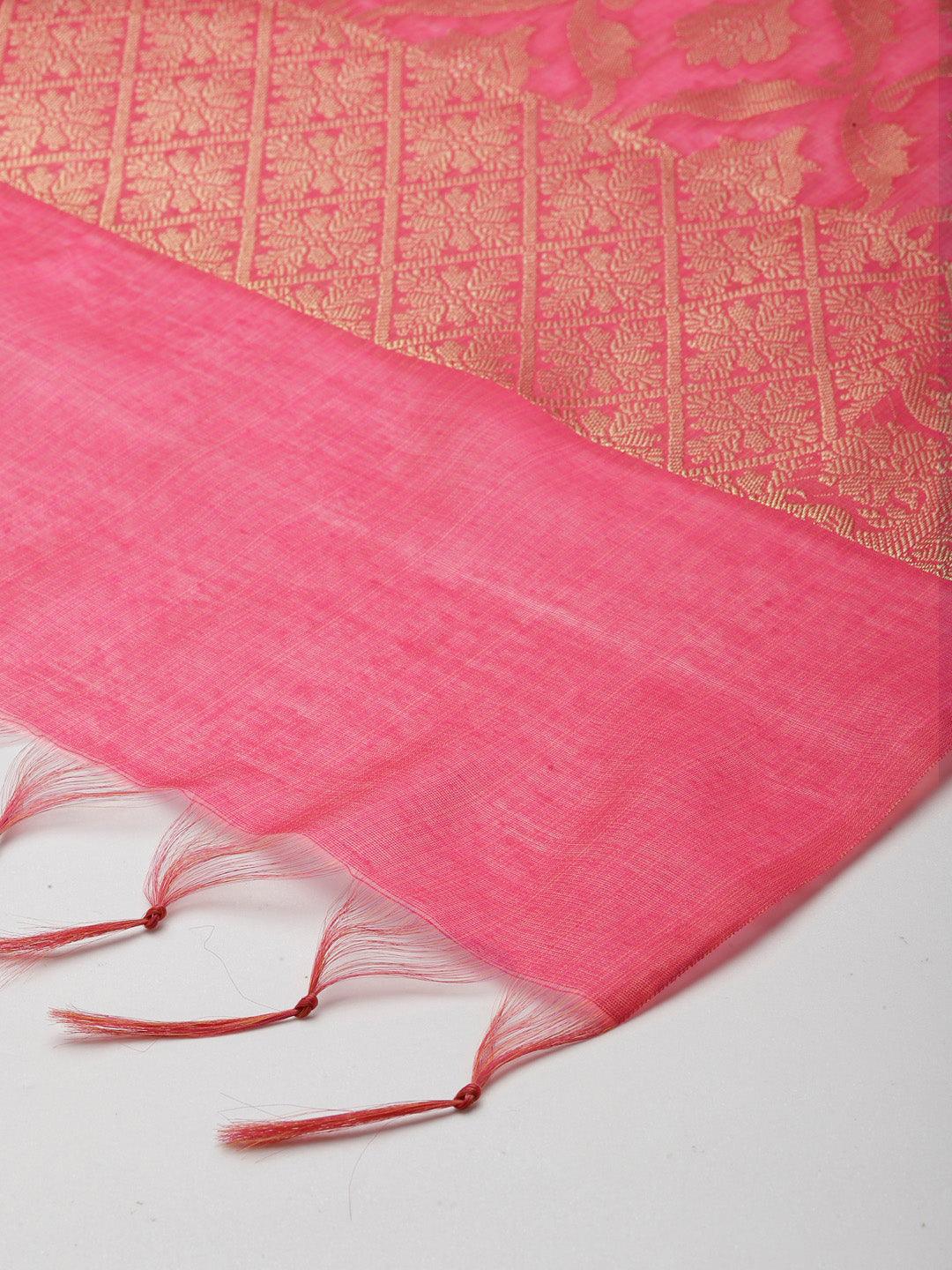 Women's Pink Color Ethnic Motifs Woven Design Dupatta With Zari - Varanasi - Indiakreations