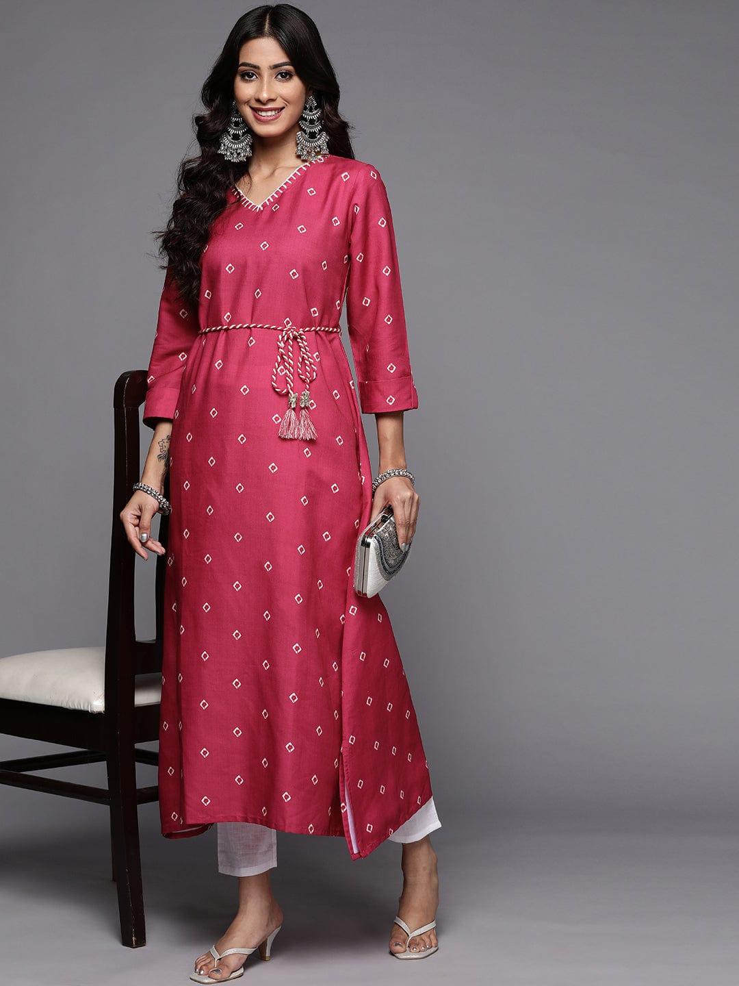 Varanga Women Pink & White Bandhani Printed Thread Work Indie Prints Kurta - Indiakreations